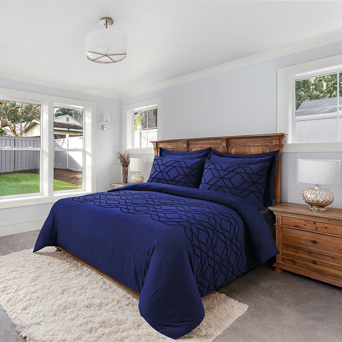 Tufted Duvet Cover Set in Navy Geometric