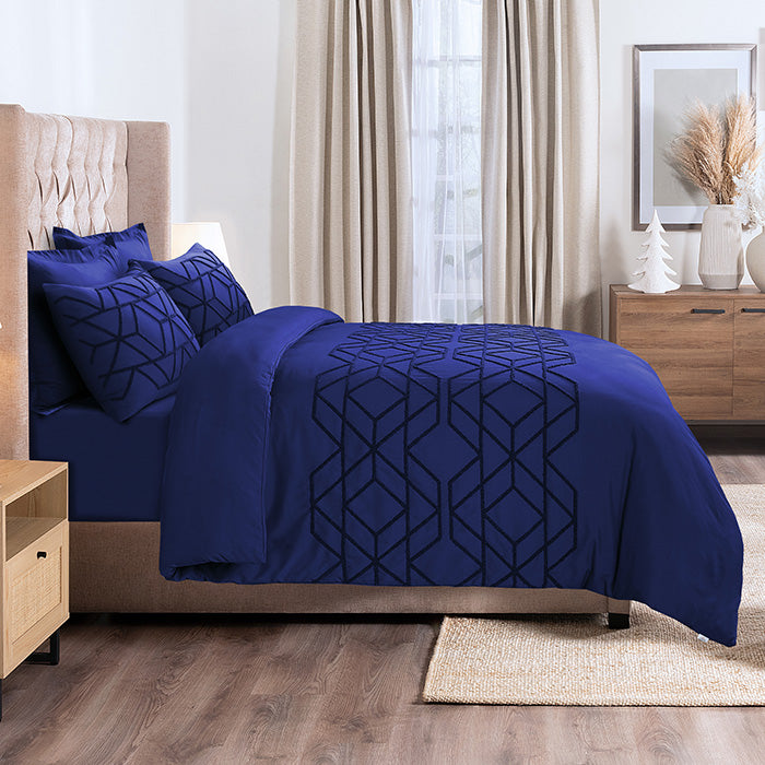 Tufted Duvet Cover Set in Navy Geometric