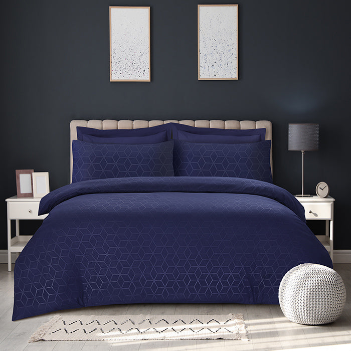 Embossed Duvet Cover Set in Navy Geometric