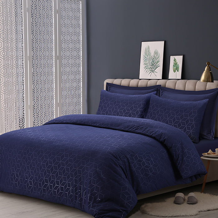 Embossed Duvet Cover Set in Navy Geometric