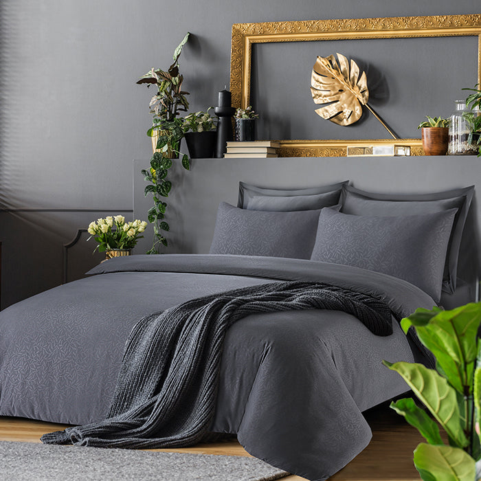Embossed Duvet Cover Set in Dark Grey Leaf