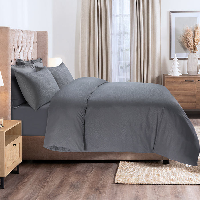 Embossed Duvet Cover Set in Dark Grey Leaf
