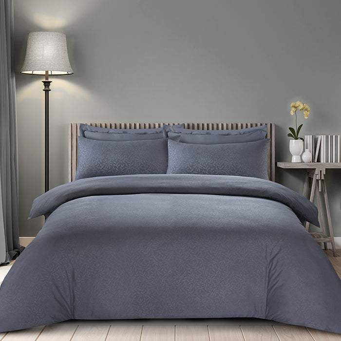 Embossed Duvet Cover Set in Dark Grey Leaf