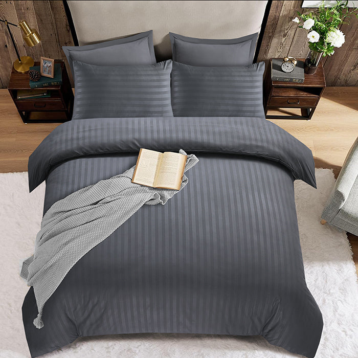 Embossed Duvet Cover Set in Dark Grey Stripes