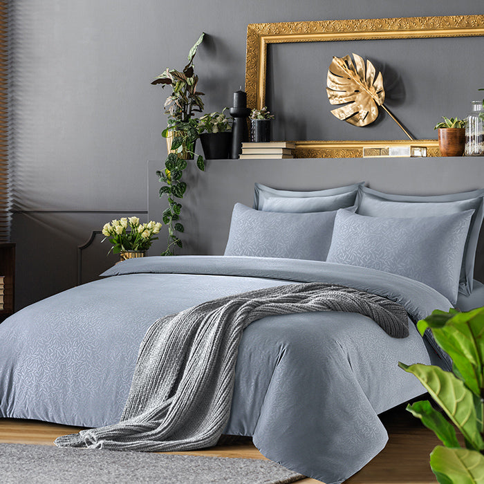 Embossed Duvet Cover Set in Light Grey Leaf